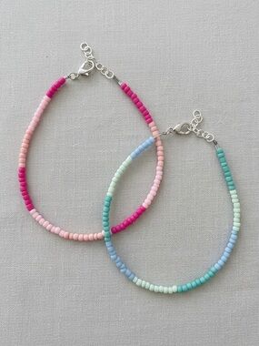 Colorblock Seed Bead Anklet Adjustable Ankle Bracelet Duo - Pink & Teal Blue